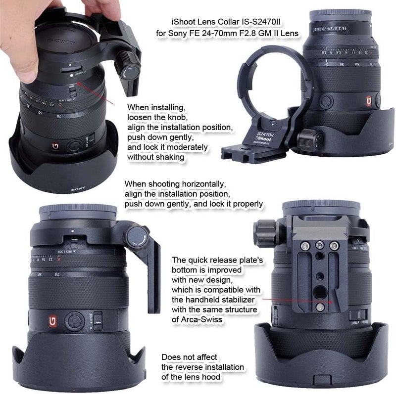 iShoot حلقة تثبيت الحامل ثلاثي القوائم متوافقة مع عدسة سوني FE 24-70mm f/2.8 GM II، FE 16-35mm F2.8 GM II، FE 20-70mm F4 G، دعامة دعم لقاعدة إطلاق سريعة متوافقة مع Arca-Swiss ومثبت - Image 5